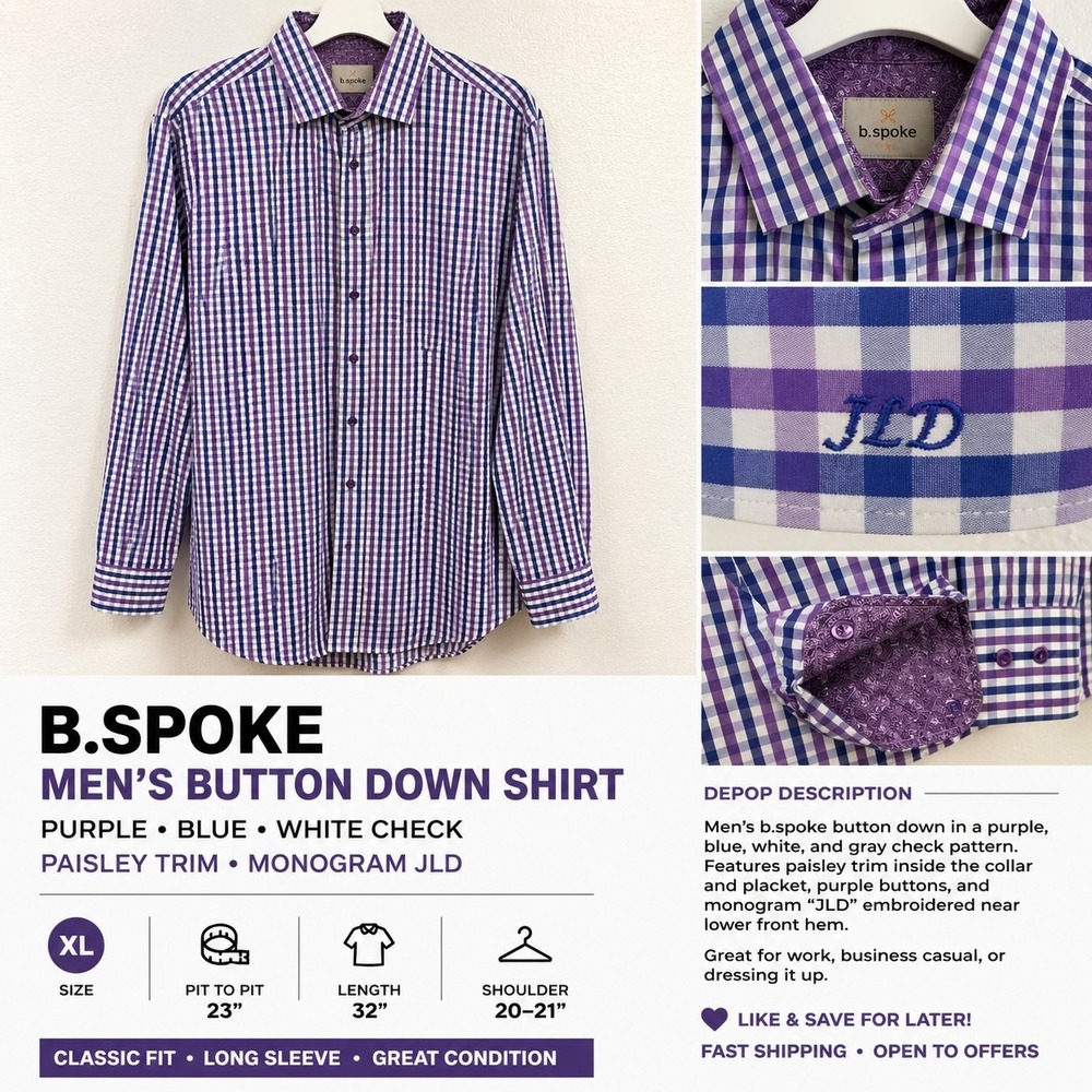 b.spoke Mens XL Button Down Shirt Purple Blue Check Paisley Trim Monogram JLD‎